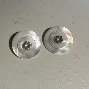RARE Vintage Mother of Pearl Layered Disc w Rhinestone Clip On Earrings